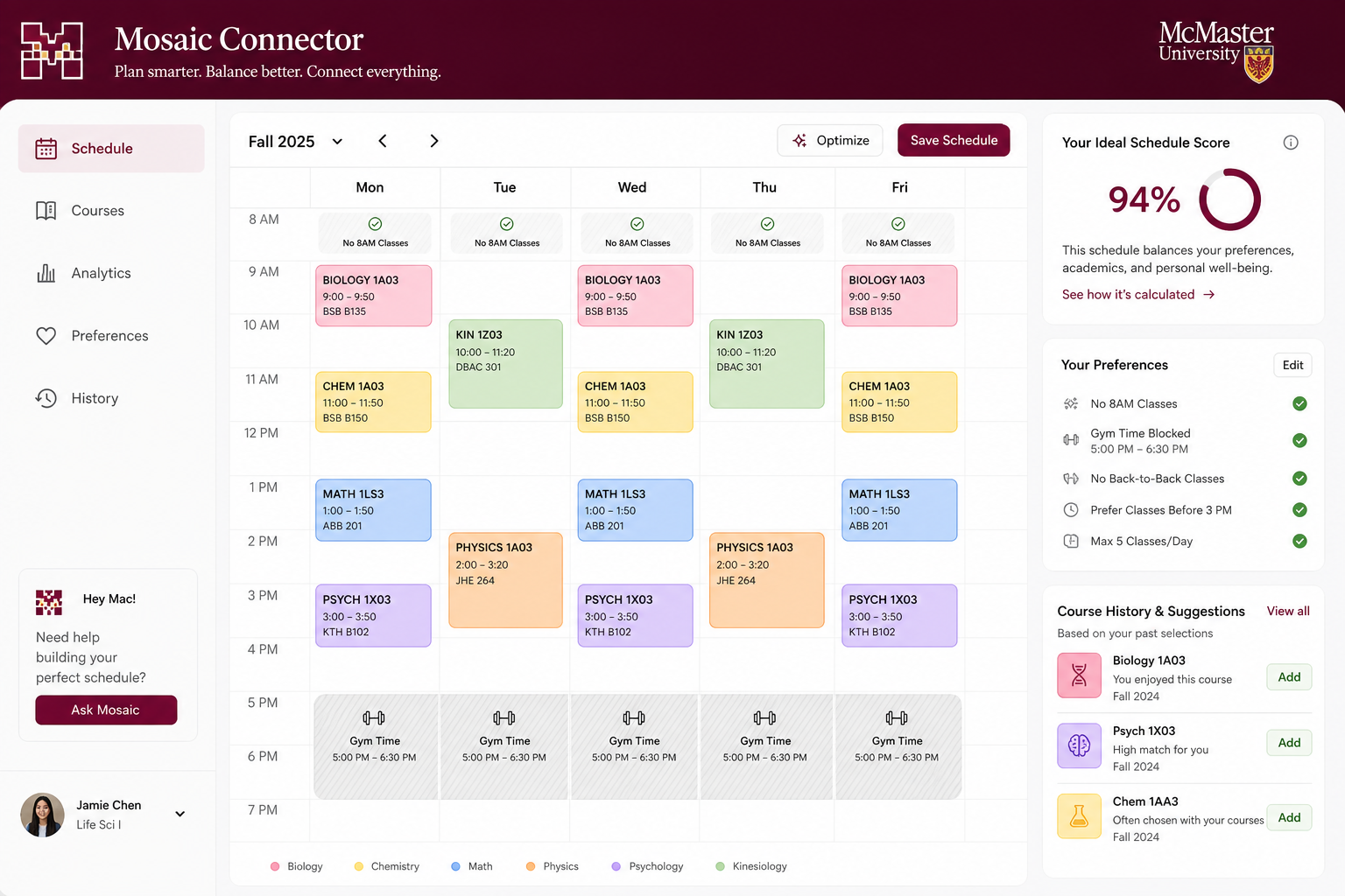 Mosaic connector schedule builder with weekly timetable