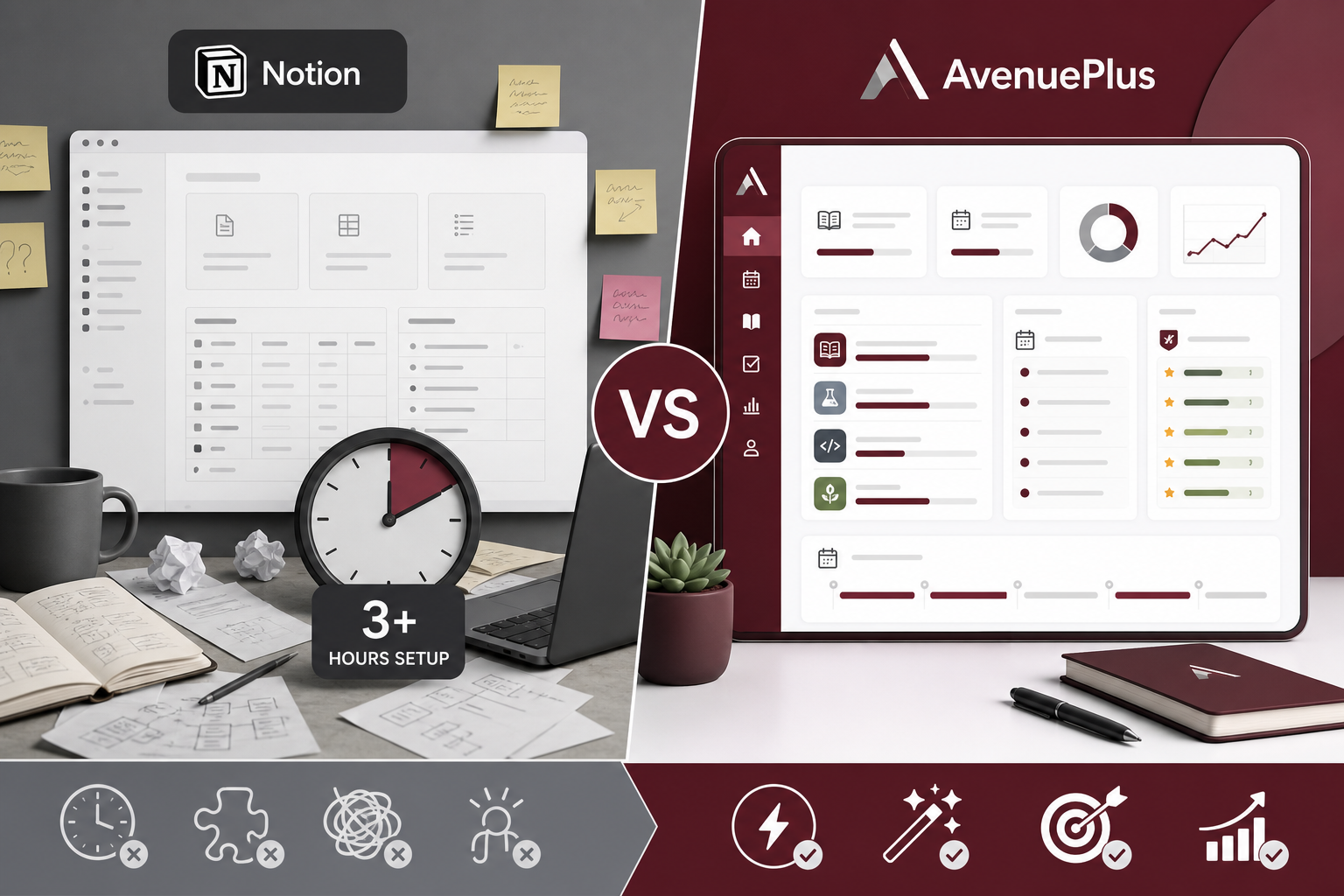 Notion manual setup compared to AvenuePlus pre-built academic planner